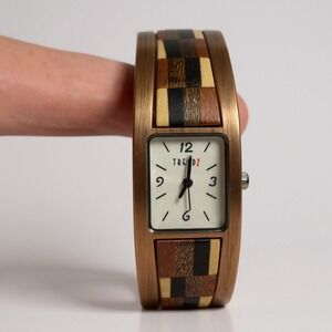 Trend Z Women's Square Face Watch Mixed Wood & Copper Tone Bangle Cuff Japan Mvt